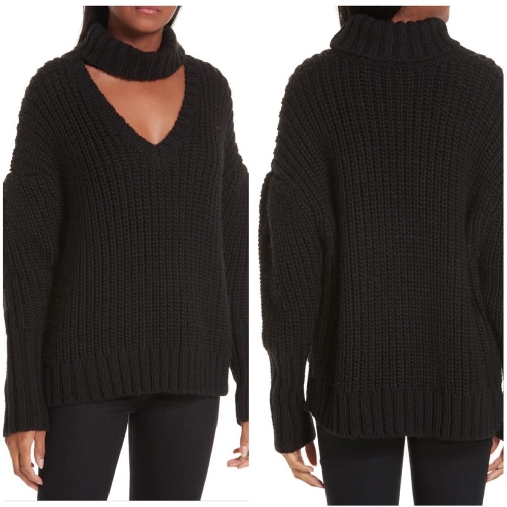 Cinq a Sept Adia Cutout Turtleneck Vneck Knit Black Sweater L